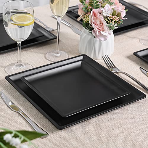 12 Piece Melamine Plates and Bowls Sets，Black Square Dinnerware Set for 4 - color: Pure Black