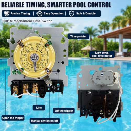 T101M Pool Timer Mechanism Only, 120V 2HP SPST 40A Mechanical Time Switch Replacement, 24-Hour Heavy Duty Timer with 12 ON/Off Trippers for Pool Pump, Water Heater & Outdoor Lighting