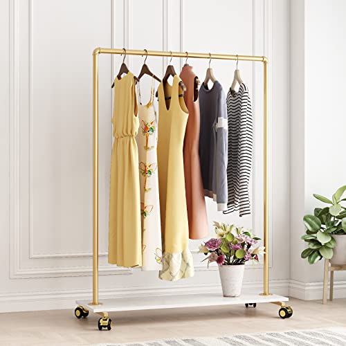 Gold Metal Clothing Rack with Wood Shelf, Heavy Duty Rolling Garment Rack with Wheels for Bedroom Retail Boutique Use (49.21L inches) - style: single-medium