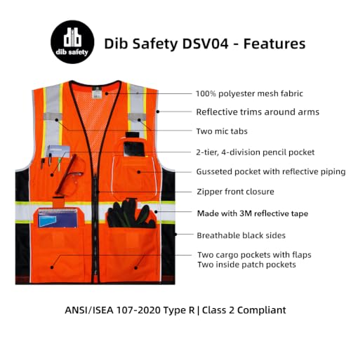 Dib Safety Heavy Duty Safety Vest Reflective with Pockets Made with 3M tape - color: Orange, size: Medium