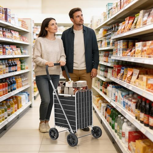 Whitmor Foldable Utility Shopping Cart with Wheels, 60Lb Capacity, Heavy Duty Grocery Cart with Steel Frame, Foam Handle, Rolling Utility Cart for Grocery, Laundry, Travel, Sliver/w Liner - size: 18.5"L x 18.5"W x 35"H，Sliver w/Liner