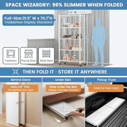 ALANNG 70.7" H Metal Storage Shelves, 5 Tier Folding Shelf on Wheels - color: White
