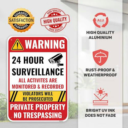 2PC 24 Hour Surveillance Sign, 14 x 10 Inches - Aluminum - Private Property No Trespassing - Security Camera Metal Warning Signs