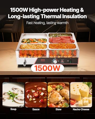 VEVOR Commercial Food Warmer, 1500W Electric Stainless Steel Steam Food Warming with Lid, 6-Pan Fast Heating Countertop Buffet Bain Marie with Power Cord, for Catering, Restaurant, Party & Buffets - size: 6*1/3Pan