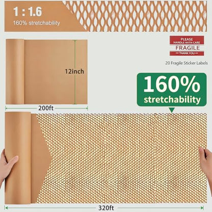 Honeycomb Packing Paper - Biodegradable Bubble Wrap Alternative 12"x200 FT, 80gsm with 20 Fragile Sticker Labels | Eco-Friendly Cushioning for Shipping, Moving & Small Business Packaging,Fragile Items - size: 12 Inch x 200 Feet