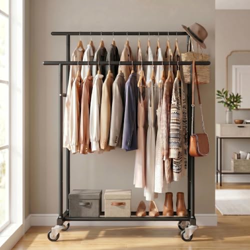 Calmootey Rolling Garment Rack, Sturdy Clothes Organizer for Bedroom - color: Black, style: Double Rods