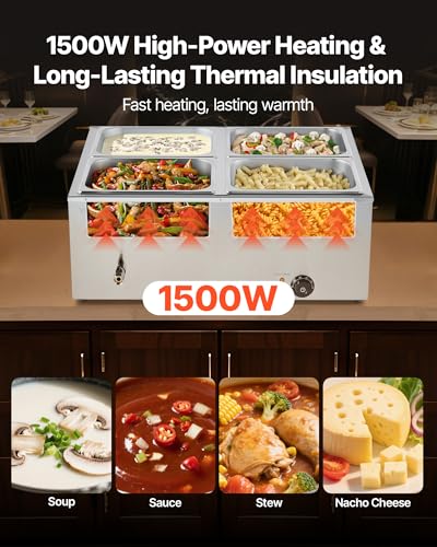 VEVOR Commercial Food Warmer, 1500W Electric Stainless Steel Steam Food Warmer with Lid, 4-Pan Fast Heating Countertop Buffet Bain Marie with Soup & Perforated Ladles, for Catering, Restaurant, Party - size: 4x1/2Pan;48QT
