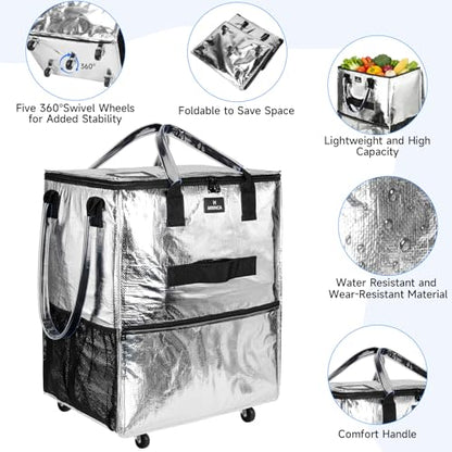 Large Reusable Grocery Bag On 5 Wheels, 130L Foldable Rolling Tote Bag - color: Silver, size: Large