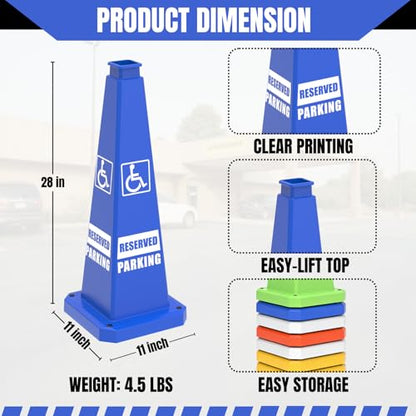 28" ADA Revised Parking Cones 6 Pack, Handicap Reserved Parking Traffic Cones with Rubber Weighted Base, High Visibility Safety Cones for Accessible Parking Spaces - color: ADA REVISED PARKING/BLUE, size: 28 inch