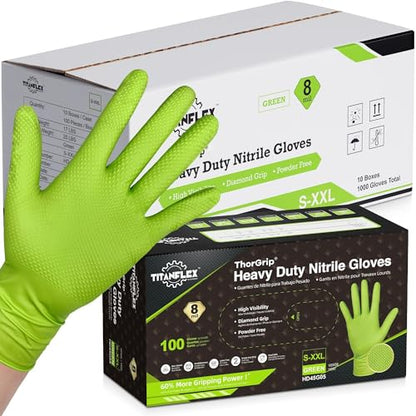 TitanFlex Heavy Duty Industrial Nitrile Gloves with Raised Diamond Texture, 8-mil, Latex Free (Green/Dark Green/Yellow) - color: Green (1000ct), size: Medium