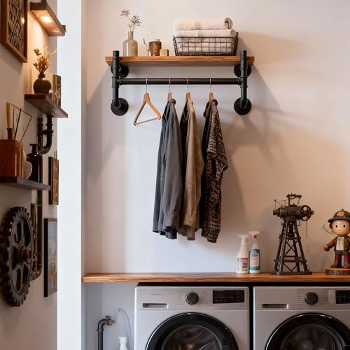WEBI Wall Mounted Clothes Rack with Shelf,27" Industrial Pipe Clothing Rack with Shelf with Hanging Rod,Heavy Duty Iron Garment Rack Bar,Retail Display Clothes Rod for Laundry Room,Closet,Black - color: Black, size: 27 Inch