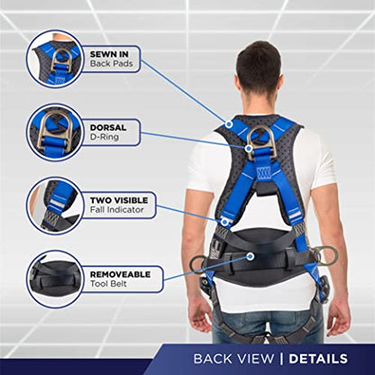 Palmer Safety Hammerhead 5pt Safety Harness Back Padded, QCB Chest, Tongue Buckel Legs Straps, Back & Side D-Rings - color: Blue Dlk, size: Medium