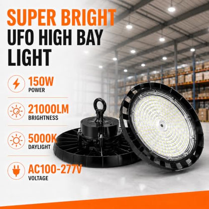 UFO LED High Bay Light: 150W 5000K Led Shop Lights 21000LM IP65 AC100-277V with US Plug 5' Cable - UFO Light for Warehouse Basement Factory Studio - size: 150W/1Pack