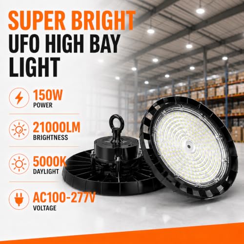 UFO High Bay LED Lights: 150W 5000K UFO Led Light 21000LM 6 Pack IP65 AC100-277V with US Plug 5' Cable - LED Shop Lights for Warehouse Parking Factory Barn - size: 150W/6Packs
