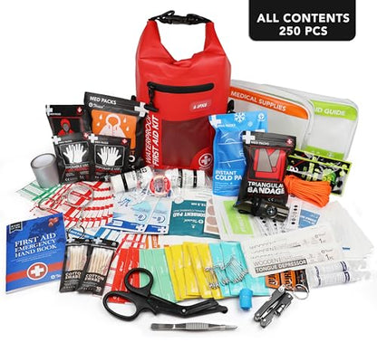 250 PCS IPX6-Waterproof First Aid Kit, Roll Top Reflective Boat Safety Bag
