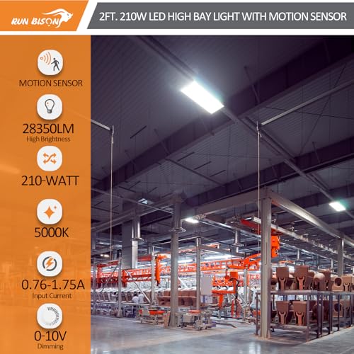 2FT LED Linear High Bay Shop Light with Motion Sensor, 210W High Bay Work Light Fixture, 28350LM, 120-277V, 5000K Daylight Linear Hanging Lighting for Garage, Warehouse, UL&DLC Listed - 4PK - color: 210W - with sensor - White, size: 4PK