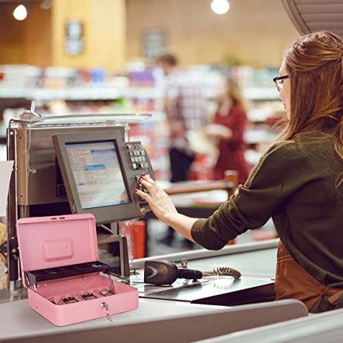 Cash Box with Money Tray and Lock, Metal Money Box for Cash Register 4 Keys - color: Pink