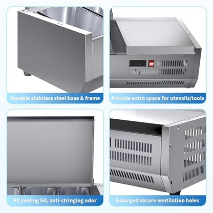 IDEALHOUSE Condiment Prep Rail Station, 140W Countertop Refrigerated Condiment Station, with 3 1/3 & 4 1/6 Pans, 304 Stainless Body and PC Lid, Sandwich Prep Table with Glass Guard, ETL Certified - size: E55TW-G