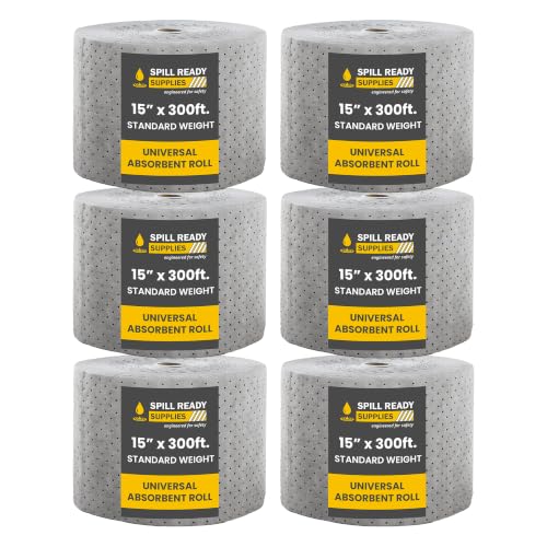 (6 Rolls) Universal Absorbent Pad Roll 15" x 300' - Absorbs Up to 40 gal. per roll, Perforated Industrial Sorbent Mat Roll 2MM for Oil, Coolant & Water - Gray Absorbent Pad for Warehouses - color: 15" x 300' Standard Roll, size: 6