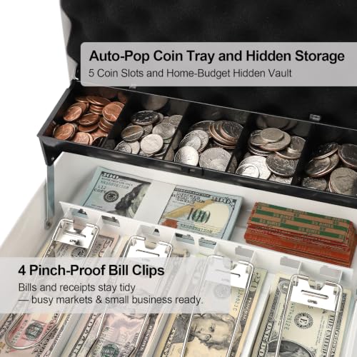 Cash Box with Key Lock – 0.7mm Steel Cash Drawer with Money Bag & Auto-Pop Coin Tray, 4 Upgraded Finger-Safe Bill Clips, Portable Register for Vendors, Business & Home, 11.8" x 9.5" x 3.5", White - color: White