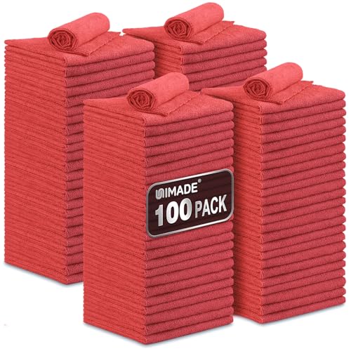 UNIMADE Shop Towels, 100 Pack Commercial Grade Work Rags Microfiber Towel - color: Red, size: 100pk