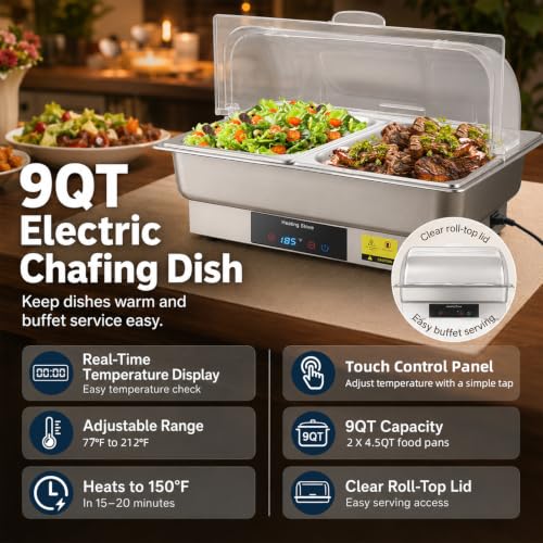 Electric Buffet Food Warmer with Touch Control, 2 * 4.5QT Half Size Stainless Steel Chafing Dish with Roll Top Lid for Catering and Events - size: 608-Dual Pan