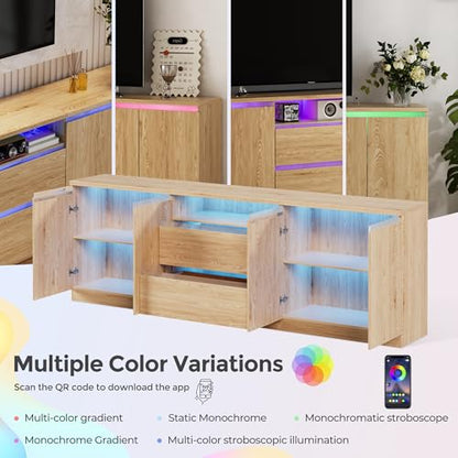Bobve Modern TV Stand for TVs Up to 100",LED TV Console,Long Entertainment Center with 2 Drawer/2 Cabinets,Universal TV Stand for Living Room,Bedroom,Oak,3 Light Modes - color: Oak