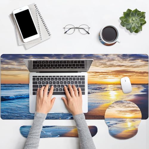 Arttown Keyboard Mouse Pad Set, 4 in 1 Desk Mat Set Ocean Beach Sunset - color: Beach Sunset