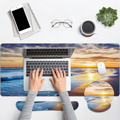 Arttown Keyboard Mouse Pad Set, 4 in 1 Desk Mat Set Ocean Beach Sunset - color: Beach Sunset