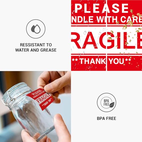 3'' x 2'' Fragile Stickers for Shipping and Moving, 500 Pcs (1 Roll) Handle with Care Fragile Labels Glass Permanent Adhesive Warning Stickers