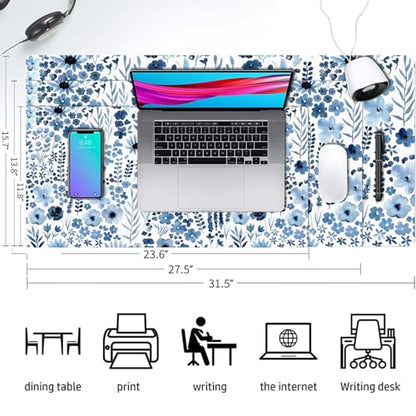 Floral Desk Mat, Cute Flower Large Mouse Pad Navy Blue 31.5"x15.7" - color: A Flowers - Navy Blue, size: 31.5" x 15.7"