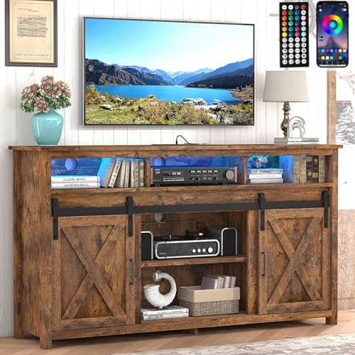 Vinctik 6&Fox 57In Wooden Farmhouse Entertainment Center for 60/65 inch TV,Double Layer Storage Farmhouse TV Stand,Double-Row Sockets with Wood Sliding Barn Door TV Stand, Double Layer Vintage Brown - color: Double Layer Vintage Brown, size: 57in
