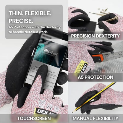 DEX FIT Level 5 Cut Resistant Gloves Cru553, 3D-Comfort Fit, Firm Grip, Thin & Lightweight, Touch-Screen Compatible, Durable, Breathable & Cool, Machine Washable; Red M (8) 1 Pair - color: Red, size: Medium