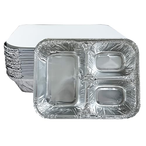 20 Pack 3-Compartment Disposable Aluminum Pans with Lids, 8.6"x6.5" Split Foil Food Containers for Meal Prep, To-Go Catering, Baking & Takeout, Flexible & Easy Crimp - size: 8.6"x6.5"
