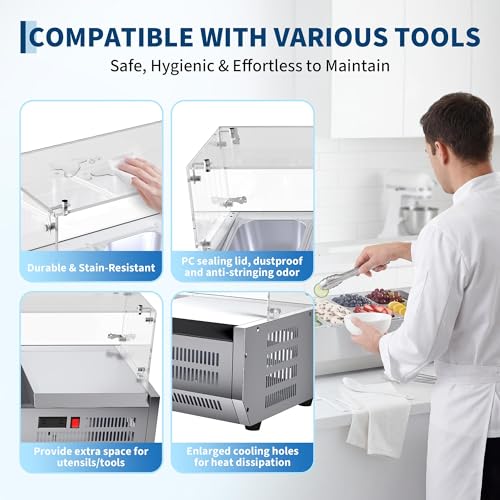 Refrigerated Condiment Prep Station, 130W Countertop Refrigerated Condiment Station, with One 1/3 & Four 1/6 Pans, 304 Stainless Body and PC Lid, Sandwich Prep Table with Glass Guard, ETL Certified - size: E40TW