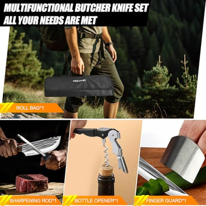 MDHAND Butcher Knife Set, Hand Forged Kitchen Chef Knife Set with Roll Bag - size: 14PCS Stripe Butcher Knife Set