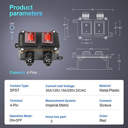 Waterproof On Off Toggle Switch Double Switch/Outlet with Red Light Rocker Button Inline Cord Switch DPST AC/DC 20A-125V,16A-250V,30A-24V,35A-12V, IP66 - color: Red/2 Switch/2 Outlet