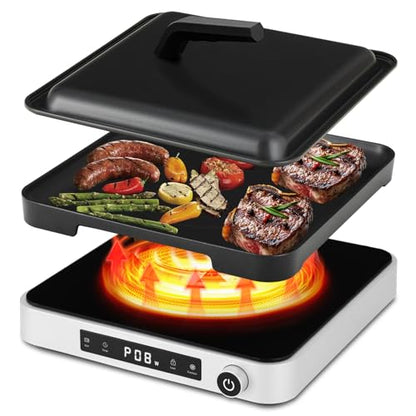COOKTRON Portable Induction Cooktop with Griddle Pan, 1800W, Silver - size: Single Induction Cooktop with Grill Pan