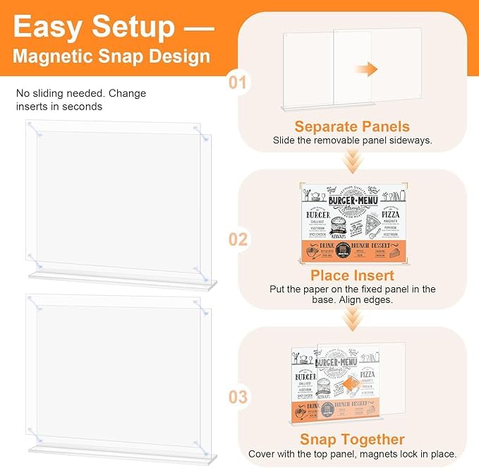 17x11 Acrylic Sign Holder Table Top with Magnetic Corners, 2-Pack – Quick Change Display Stand for Menus, Posters and Ads, Restaurant, Office, Events, Retail, Large Size