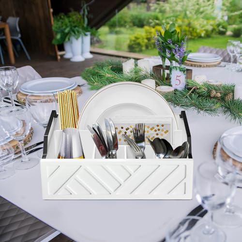 Ukonvi Paper Plate Dispenser and Holder for Kitchen Counter, Wood Rustic Silverware Utensil Caddy, Cutlery Flatware Organizer Box for Cups Spoons Forks Napkins, Kitchen Accessories - color: White-handle