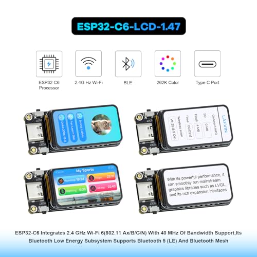 LAFVIN ESP32-C6 Development Board with 1.47inch 172×320 262K LCD Display, 2.4GHz Wi-Fi 6, Bluetooth 5.3, 160MHz Single-Core Processor