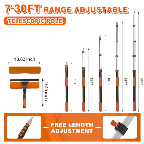 SISUPASSIE 36FT Reach 2-in-1 Window Squeegee, Professional Window Washing Kit with 7-30FT Extension Pole for Home, Indoor Outdoor Squeegee with Rotatable Head for High Windows - size: 30FT