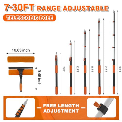 SISUPASSIE 36FT Reach 2-in-1 Window Squeegee, Professional Window Washing Kit with 7-30FT Extension Pole for Home, Indoor Outdoor Squeegee with Rotatable Head for High Windows - size: 30FT