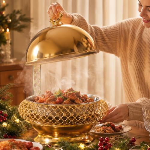 8QT Gold Chafing Dish Buffet Set with Hanging Lid, Luxury Stainless Steel Food Warmer, Elegant Hollow-Out Design Catering Server for Weddings, Parties, Hotel, Banquets, Christmas & Home Entertaining - color: Gold02