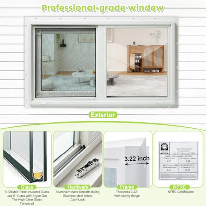 3.22" Thickness 32" x 18" Vinyl Sliding Basement Window,Low-E Glass with Argon Gas,Double-Pane Insulated Tempered Clear Glass,Half Screen Included,White - size: 32"x18"