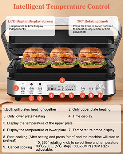 CATTLEMAN 6 in 1 Panini Press Grill with Removable Waffle Plates, 1600W - color: Silver with Waffle Plates