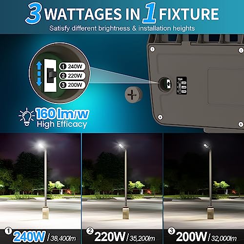 AKK 240W LED Parking Lot Light 220W 200W Selectable, 38400LM (160LM/W) LED Shoebox Pole Lights, Adjustable Arm & Slip Fitter in 1 Mount, Dusk to Dawn Photocell Area Light, Waterproof LED Street Lights - size: 240W/220W/200W Switchable