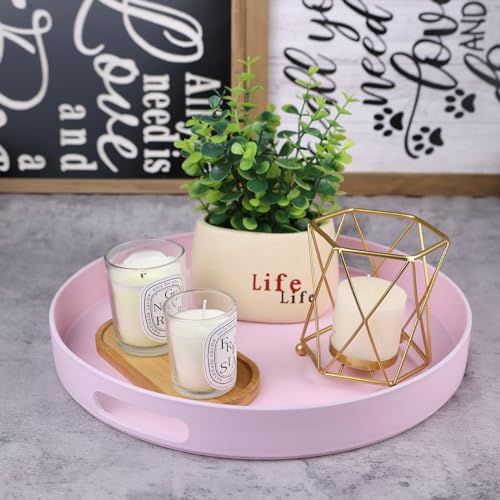 Round Pink Decorative Serving Tray with Handles, 13” Versatile Ottoman Tray for Coffee Table, Entertaining, Outdoor Patio, Living Room - color: Pink, size: 13"