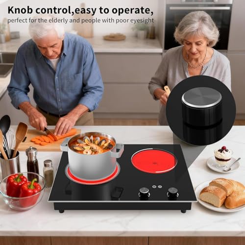 VBGK Electric Cooktop,2100W Built-in & Countertop 2 Burner Electric Cooktop,Electric Stove Top with10 Heating Level, Timer & Kid Safety Lock, LED Knob Touch Control Electric Burner with Plug - size: Double Burner Electric Cooktop