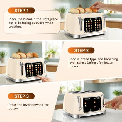 Retro 4 Slice Toaster Touch Screen with Wide Slots, Cream Color - color: Cream